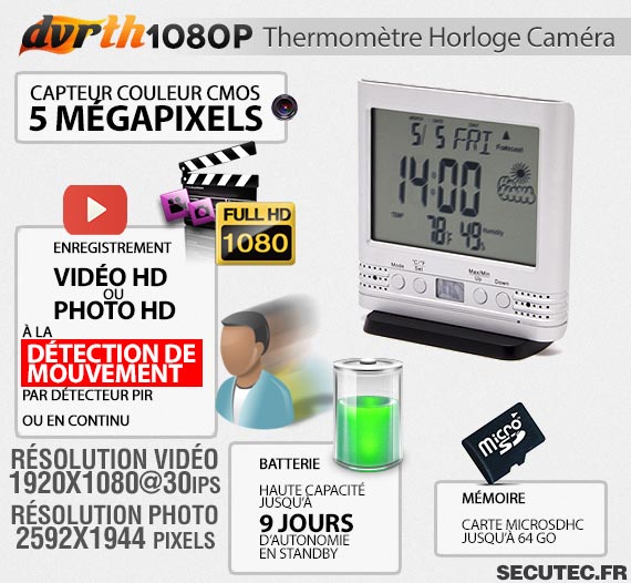 Thermomètre Horloge caméra cachée FHD 1080P autonome