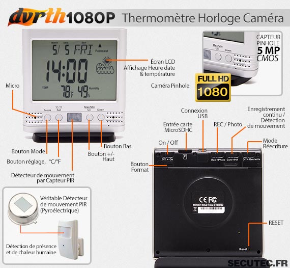 Thermomètre Horloge caméra cachée FHD 1080P caractéristiques