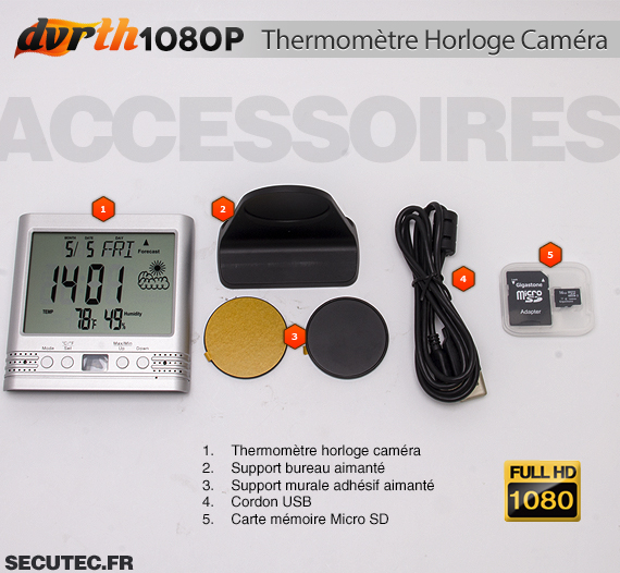 Thermomètre Horloge caméra cachée FHD 1080P accessoires