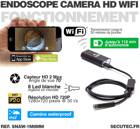 Caméra endoscope WiFi HD 720P waterproof avec vision sur smartphone iPhone  et Android