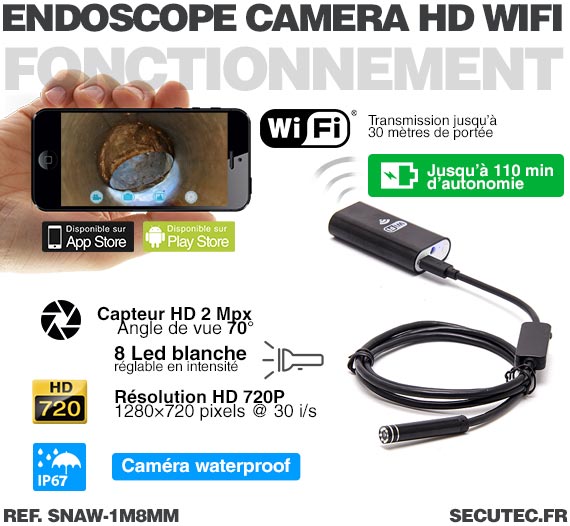 Caméra endoscope WiFi HD 720P waterproof avec vision sur smartphone