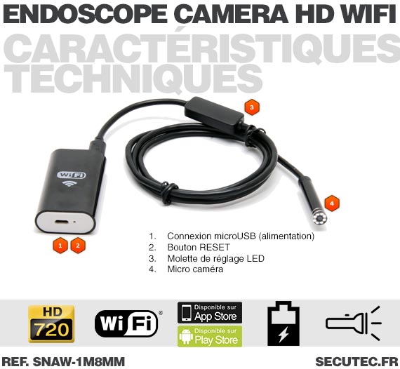Caméra endoscope WiFi HD 720P waterproof avec vision sur smartphone iPhone  et Android