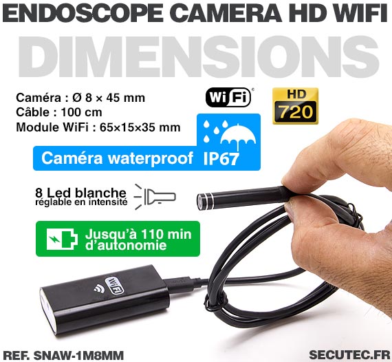 Caméra endoscope WiFi HD 720P waterproof avec vision sur smartphone iPhone  et Android