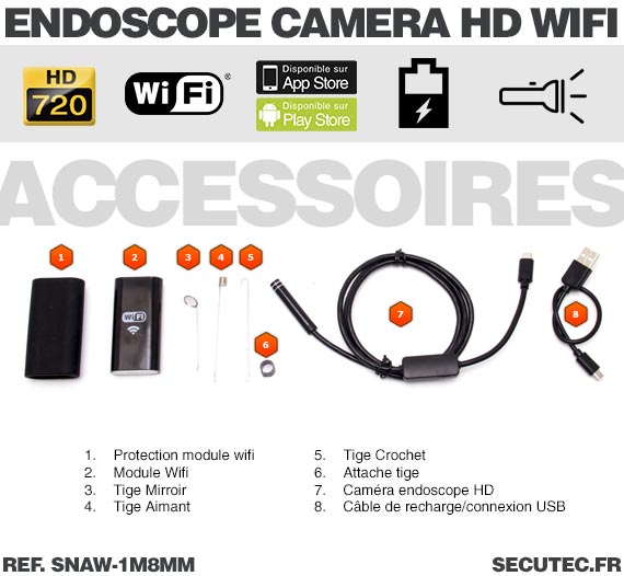 Caméra endoscope WiFi HD 720P waterproof avec vision sur smartphone