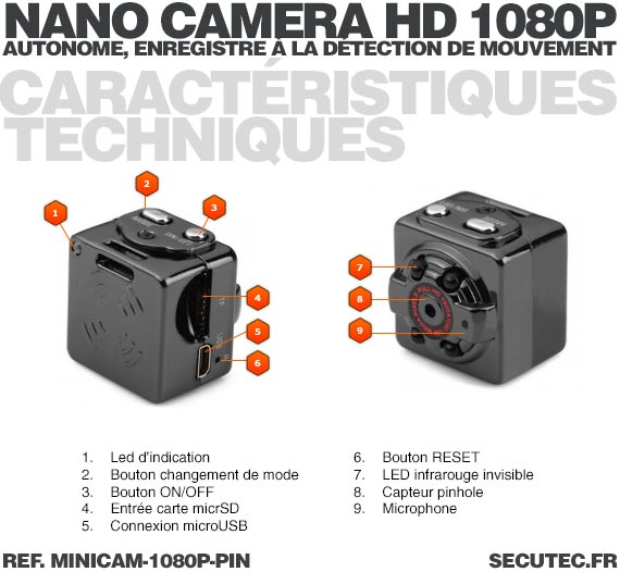 Mini caméra HD 1080P pinhole vision nocturne autonome avec enregistrement micro SDHC