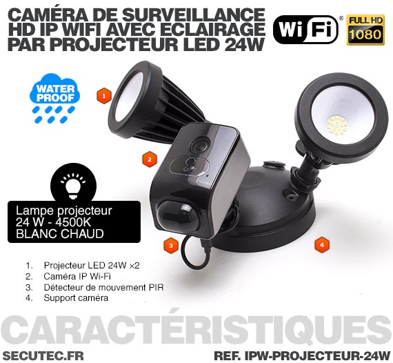 Double projecteur LED 24W avec caméra extérieure IP Wi-Fi HD 1080P avec détection de mouvement PIR