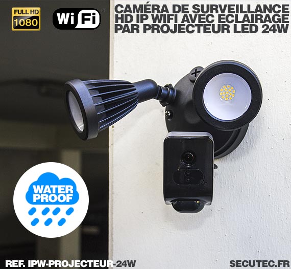 Double projecteur LED 24W avec caméra extérieure IP Wi-Fi HD 1080P avec détection de mouvement PIR