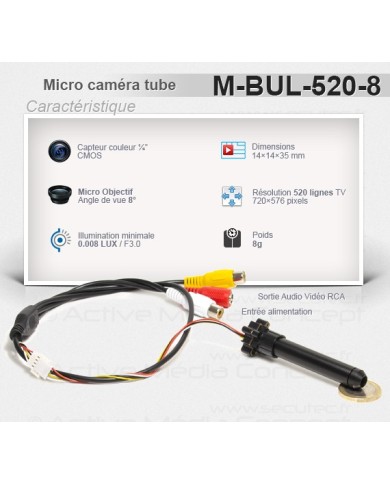 Micro caméra tube 520 Lignes angle de vue 8° illumination 0.008 LUX