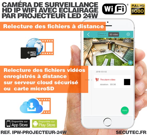 Double projecteur LED 24W avec caméra extérieure IP Wi-Fi HD 1080P avec détection de mouvement PIR