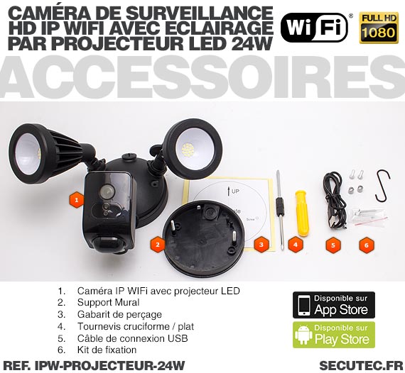 Double projecteur LED 24W avec caméra extérieure IP Wi-Fi HD 1080P avec détection de mouvement PIR
