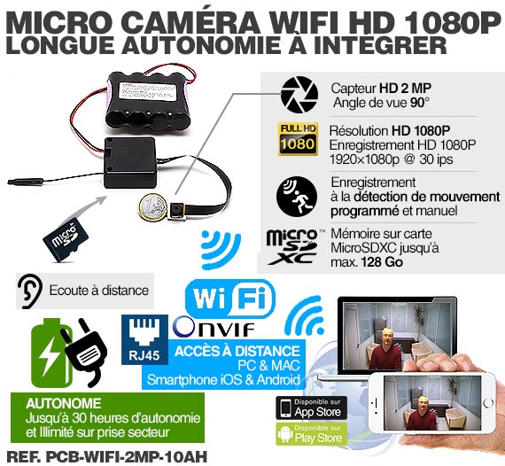 Micro caméra à integrer IP Wi-Fi P2P longue autonomie 