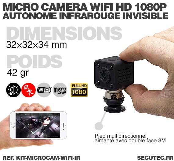 Dimensions Kit micro caméra WiFi HD 1080P autonome avec infrarouge invisible mémoire avec batterie longue autonomie 30A et micro