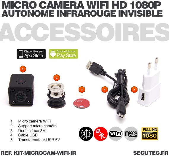 Accessoires Kit micro caméra WiFi HD 1080P autonome avec infrarouge invisible mémoire avec batterie longue autonomie 30A et micr