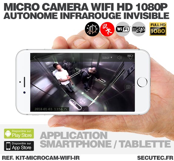 Application android Kit micro caméra WiFi HD 1080P autonome avec infrarouge invisible mémoire avec batterie longue autonomie 30A