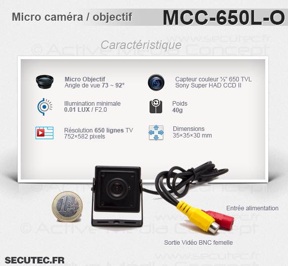 Micro caméra carrée couleur 650 lignes avec micro objectif