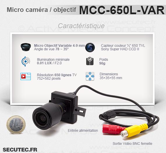 Micro caméra carrée couleur 650 lignes avec micro objectif varifocale 4-9 mm