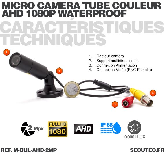 Mini caméra tube hybride 2 Mpx AHD 1080P Analogique waterproof ultra basse luminosité