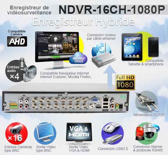 Enregistreur de vidéosurveillance 16 voies AHD 1080P hybride 2To