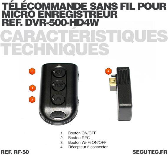 Télécommande Sans fil pour micro enregistreur réf.DVR-500-HD4W