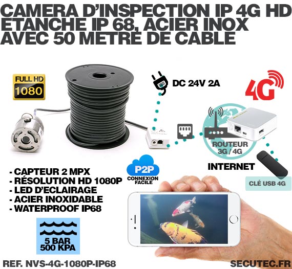 Caméra d'inspection IP 4G Full HD 1080P étanche 50 mètres en acier inoxydable anti-corrosion