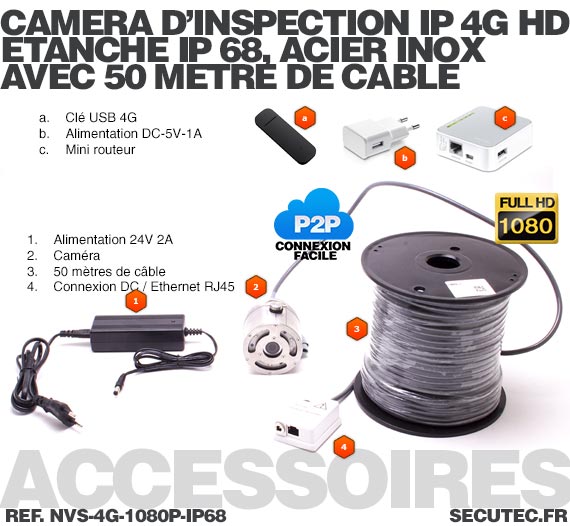 Caméra d'inspection IP 4G Full HD 1080P étanche 50 mètres en acier inoxydable anti-corrosion