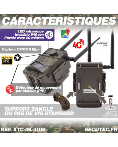 Caméra de chasse Ultra HD 4K IR invisible GPS GSM 4G avec box anti-vandale