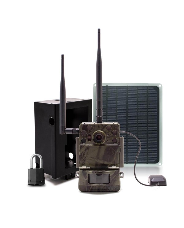 Caméra de chasse 4G Ultra HD 4K IR invisible GPS avec box anti-vandale et panneau solaire