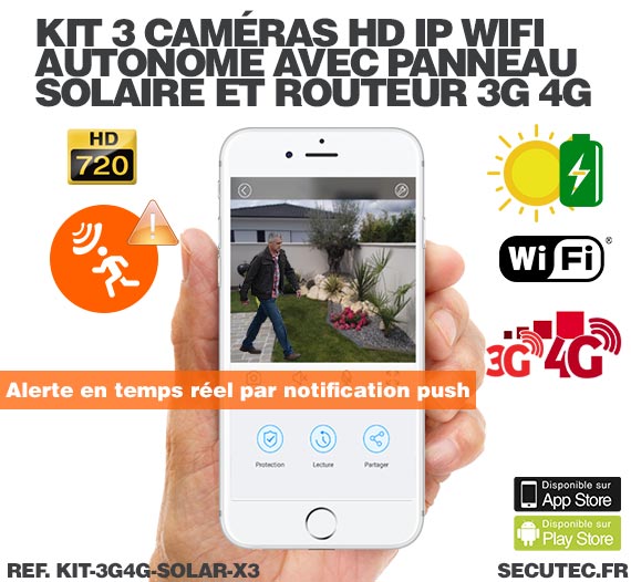 Kit 3 caméras solaires 3G 4G IP / WiFi extérieures HD720P 
