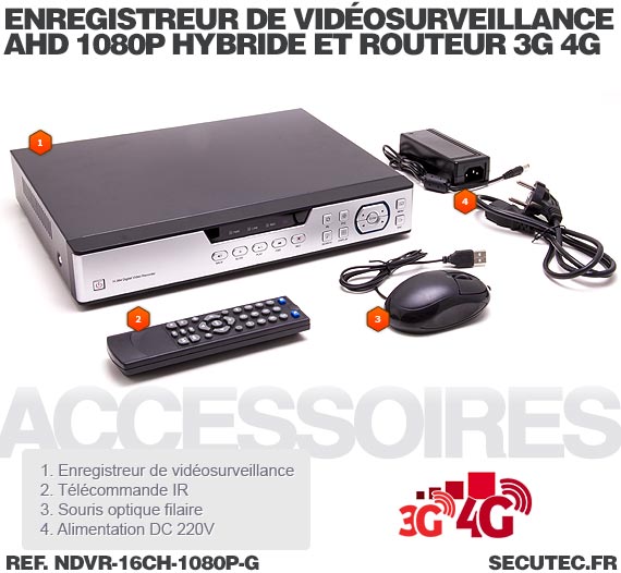 Enregistreur de vidéosurveillance 3G/4G hybride 16/16 voies IP / AHD 1080P avec 1 To