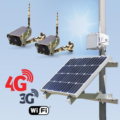 Kit vidéosurveillance 3G 4G autonome solaire avec 2 caméras camouflages solaires Wi-Fi HD 1080P Kit vidéosurveillance 3G 4G autonome solaire avec 2 caméras camouflages solaires Wi-Fi HD 1080P