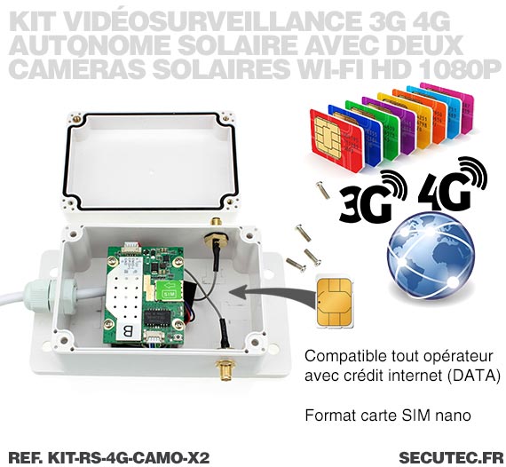 Kit vidéosurveillance 3G 4G autonome solaire avec 2 caméras camouflages solaires Wi-Fi HD 1080P