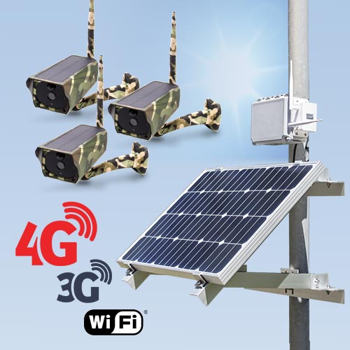 Kit vidéosurveillance 3G 4G autonome solaire avec 3 caméras camouflages solaires Wi-Fi HD 1080P Kit vidéosurveillance 3G 4G autonome solaire avec 3 caméras camouflages solaires Wi-Fi HD 1080P