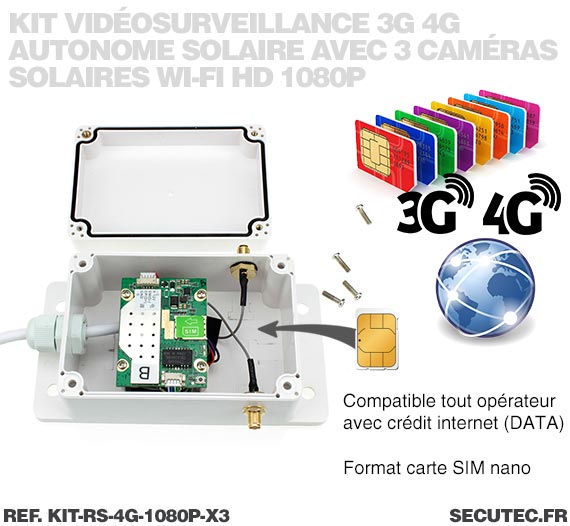 Kit vidéosurveillance 3G 4G autonome solaire avec 3 caméras camouflages solaires Wi-Fi HD 1080P