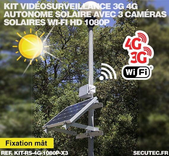 Kit vidéosurveillance 3G 4G autonome solaire avec 3 caméras camouflages solaires Wi-Fi HD 1080P