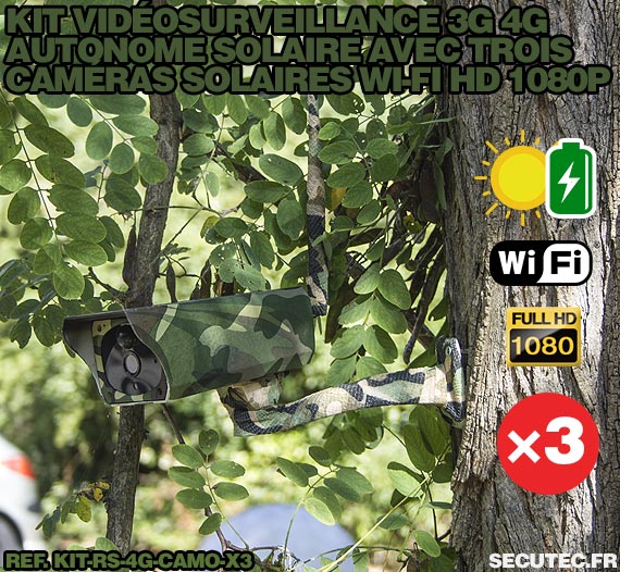 Kit vidéosurveillance 3G 4G autonome solaire avec 3 caméras camouflages solaires Wi-Fi HD 1080P