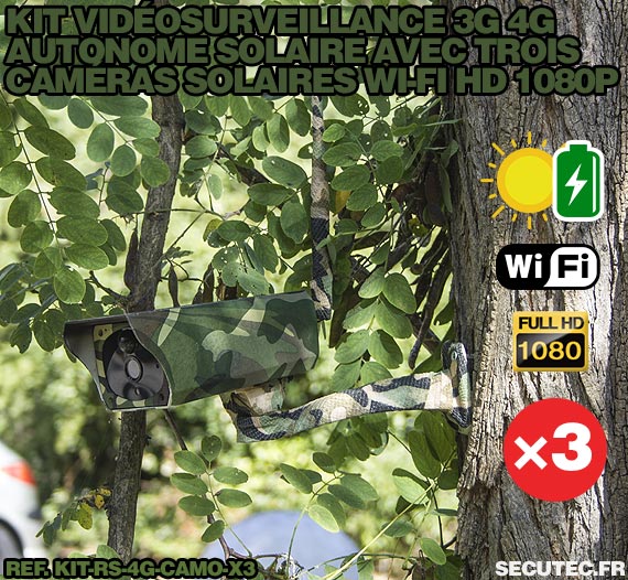 Kit vidéosurveillance 3G 4G autonome solaire avec 3 caméras camouflages solaires Wi-Fi HD 1080P