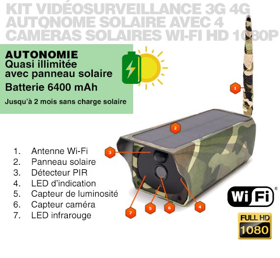 Kit vidéosurveillance 3G 4G autonome solaire avec 4 caméras camouflages solaires Wi-Fi HD 1080P