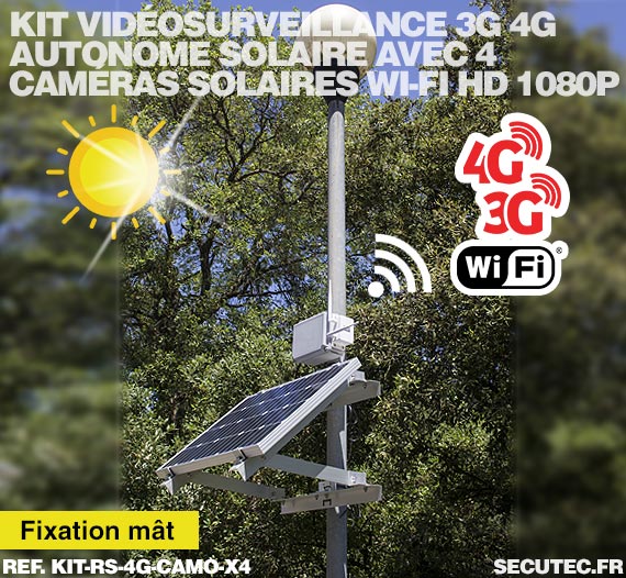 Kit vidéosurveillance 3G 4G autonome solaire avec 4 caméras camouflages solaires Wi-Fi HD 1080P