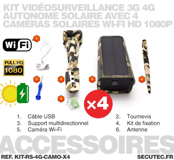 Kit vidéosurveillance 3G 4G autonome solaire avec 4 caméras camouflages solaires Wi-Fi HD 1080P