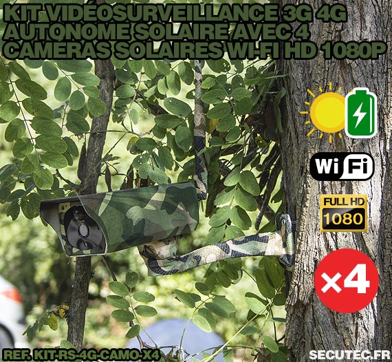 Kit vidéosurveillance 3G 4G autonome solaire avec 4 caméras camouflages solaires Wi-Fi HD 1080P