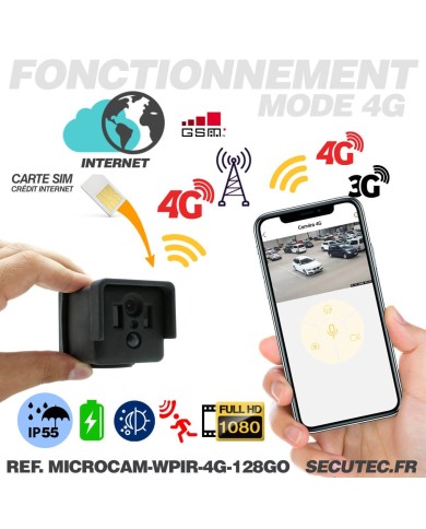 Kit micro caméra 4G HD 1080P longue autonomie avec détection de mouvement PIR et vision nocturne invisible 128 Go avec une houss