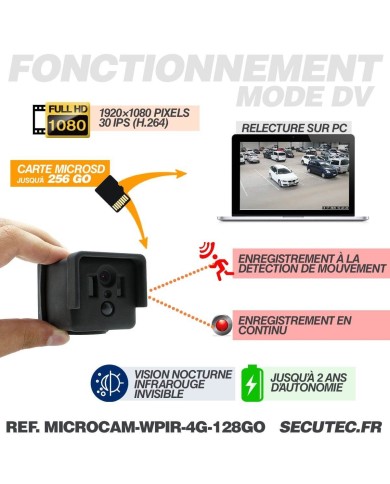 Kit micro caméra 4G HD 1080P longue autonomie avec détection de mouvement PIR et vision nocturne invisible 128 Go avec une houss