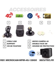 Kit micro caméra 4G HD 1080P longue autonomie avec détection de mouvement PIR et vision nocturne invisible 128 Go avec une houss