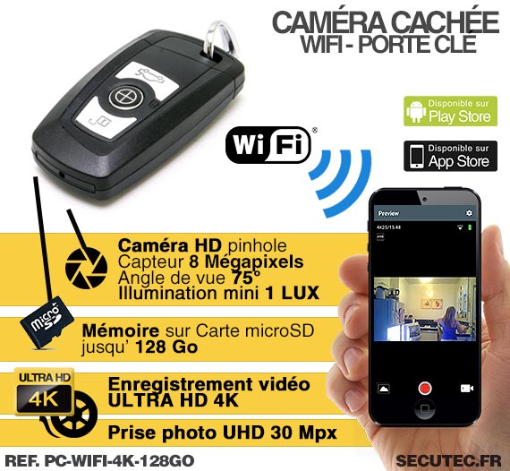 Clé de voiture caméra cachée WIFI Ultra HD 4K avec carte MIcroSD 128 Go