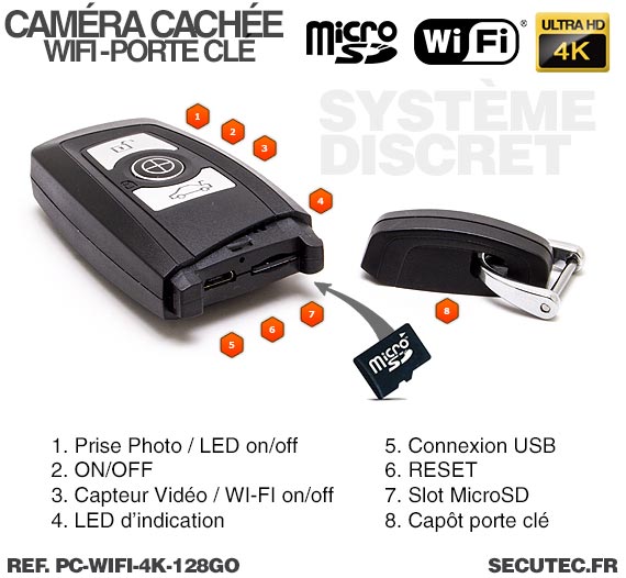 Clé de voiture caméra cachée WIFI Ultra HD 4K avec carte MIcroSD 128 Go