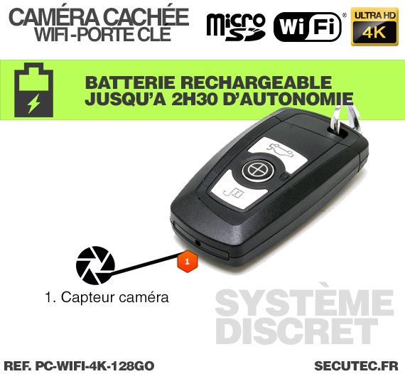 Clé de voiture caméra cachée WIFI Ultra HD 4K avec carte MIcroSD 128 Go