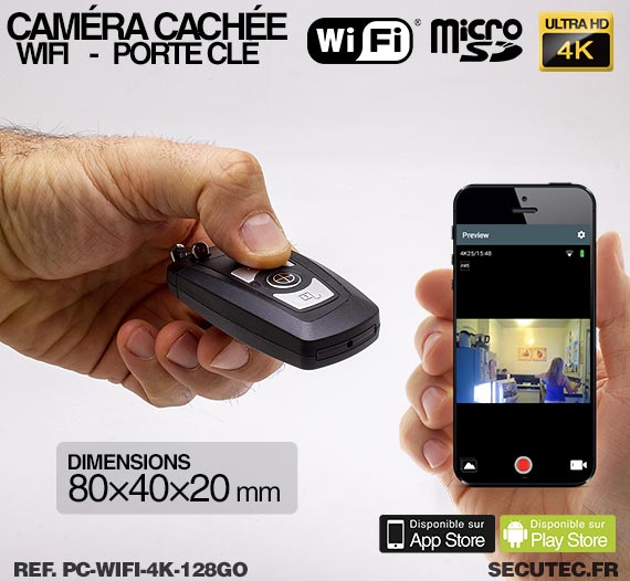 Clé de voiture caméra cachée WIFI Ultra HD 4K avec carte MIcroSD 128 Go