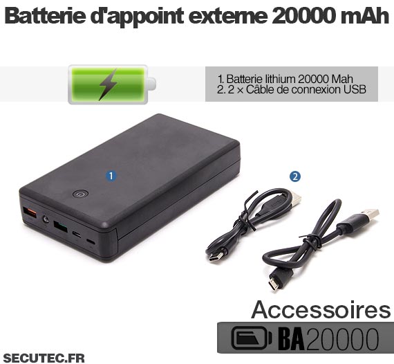 Batterie d'appoint externe 20000 mAh avec sortie USB