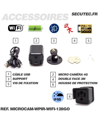 Kit micro caméra WiFi HD 1080P longue autonomie waterproof avec détection de mouvement PIR et vision nocturne invisible 128 Go