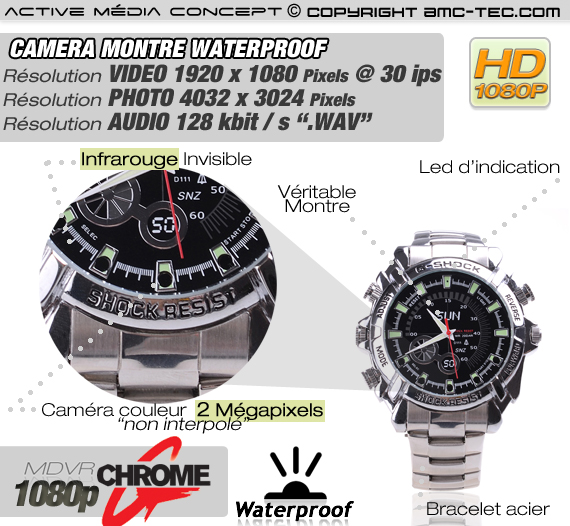 Montre Sport antichoc Etanche caméra audio vidéo HD 1080p 16Go avec infrarouge invisible